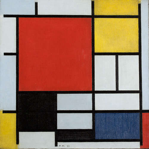 Композиция с большой красной плоскостью, желтым, черным, серым и синим, 1921