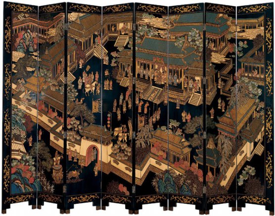 Коромандельская ширма с изображением дворцовых сцен династии Мин